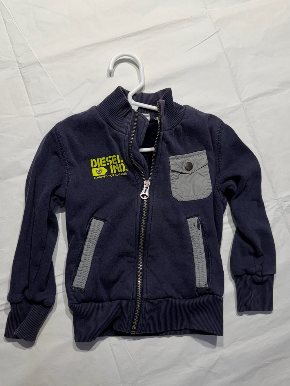 Diesel Kids Navy Zip Front Hoodie with Gray Patches and Neon Logo